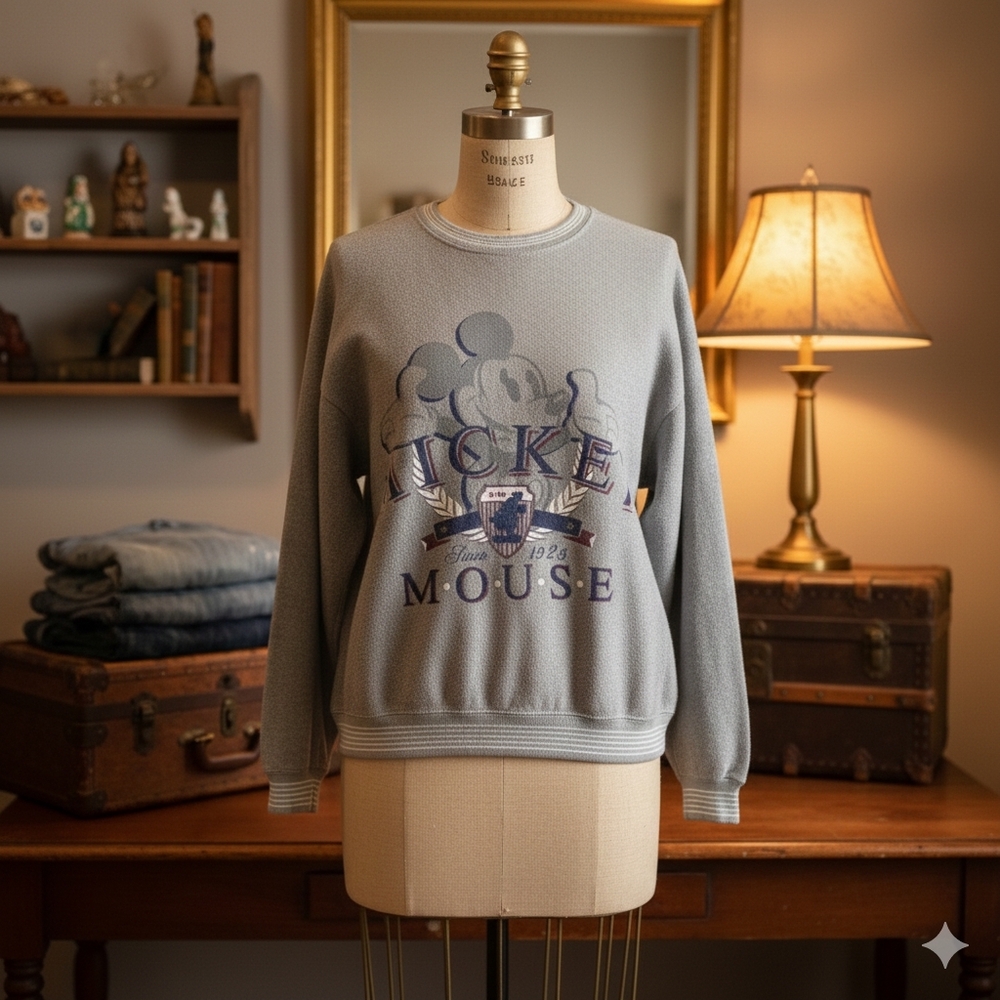 Vintage Mickey Mouse Crewneck Fleece Sweatshirt | Grey Classic Disney Graphic